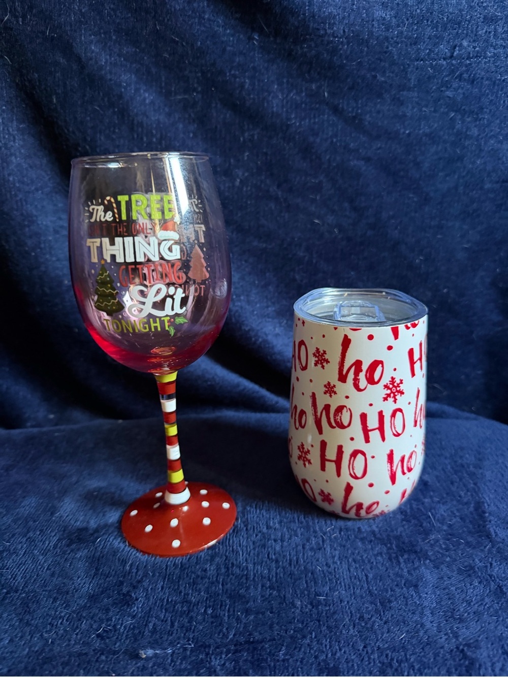 Holiday 'Ho Ho Ho' White & Red Insulated Tumbler and Festive Red Wine Glass Set